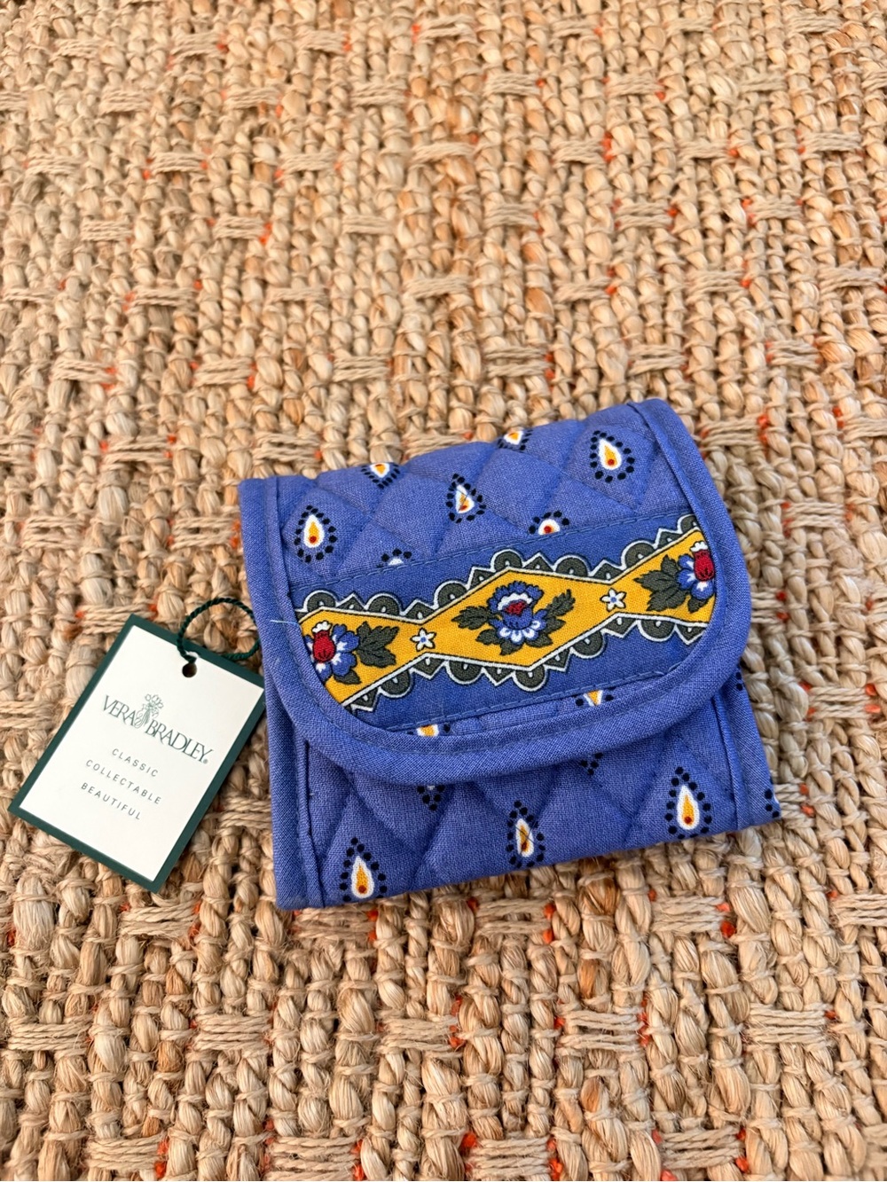 Vera Bradley Quilted Trifold Wallet - Blue with Yellow Floral Band NWT